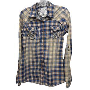 ROAR Western Shirt Women L Blue Plaid Embroidered Rhinestone Snap Roll Tab